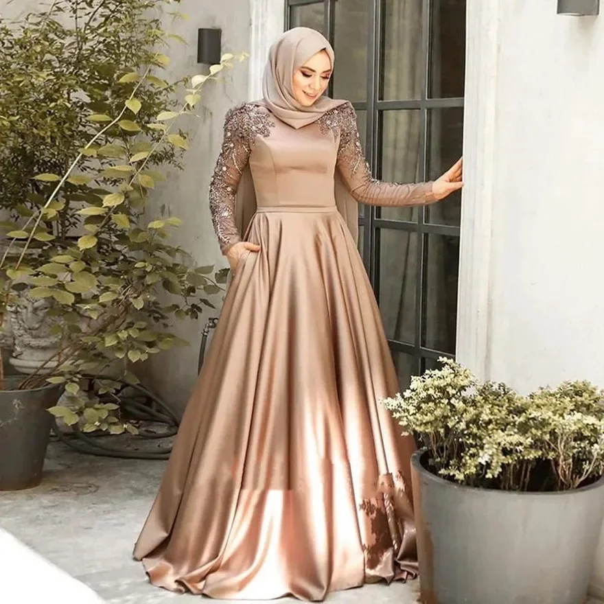 Arabic Evening Dresses For Women Beaded Long Sleeves Ruched Satin A-line Muslim Prom Party Dress With Pockets vestido de noche
Arabic Evening Dresses For Women Beaded Long Sleeves Ruched Satin A-line Muslim Prom Party Dress With Pockets vestido de noche