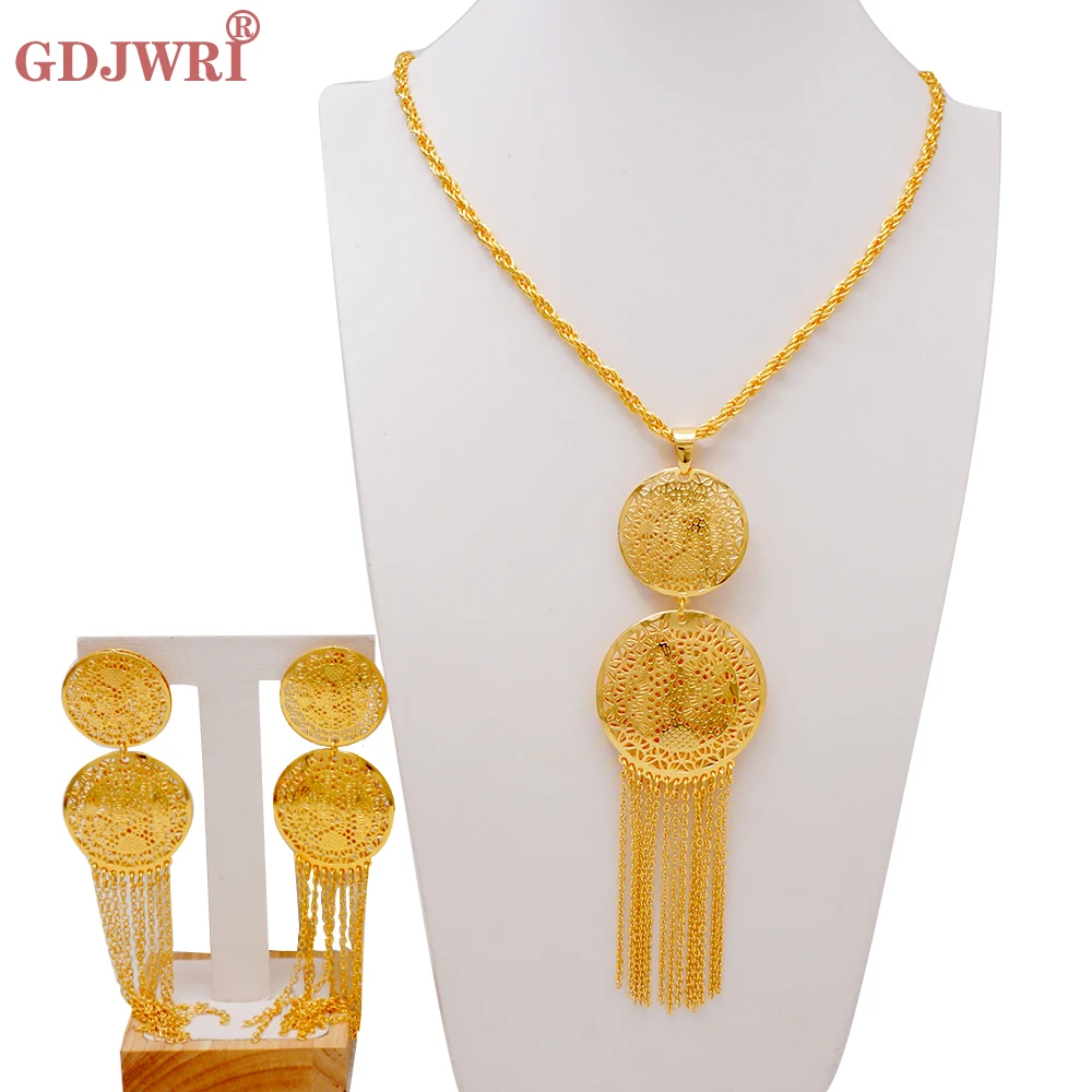 

Dubai Gold Color Tassel Round Necklace Dangle Earrings Jewelry Set For Women African Indian Bridal Wedding Chain Jewellery Gift