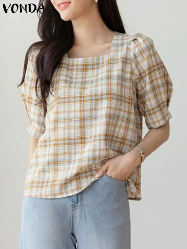 2024 VONDA Fashion Women Blouse Plaid Elegant Puff Sleeve Square Collar Tops Casual Loose O Neck Shirts Female Blusas Oversized
2024 VONDA Fashion Women Blouse Plaid Elegant Puff Sleeve Square Collar Tops Casual Loose O Neck Shirts Female Blusas Oversized