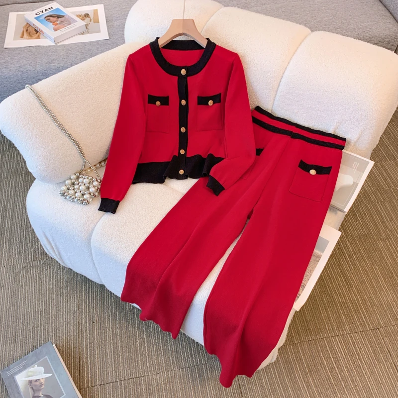 Женский трикотажный Костюм-двойка, однобортный Свободный кардиган с круглым вырезом и брюки с широкими штанинами, Осень-зима 
Женский трикотажный Костюм-двойка, однобортный Свободный кардиган с круглым вырезом и брюки с широкими штанинами, Осень-зима