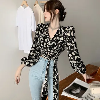 Blusas Casuais de Verão: Uma Toque de Elegância e Conforto 12 Spring Autumn Women's Floral Print Blouse V Neck Sexy Lace Exposed Navel Long Sleeves Chiffon Shirts Tops
