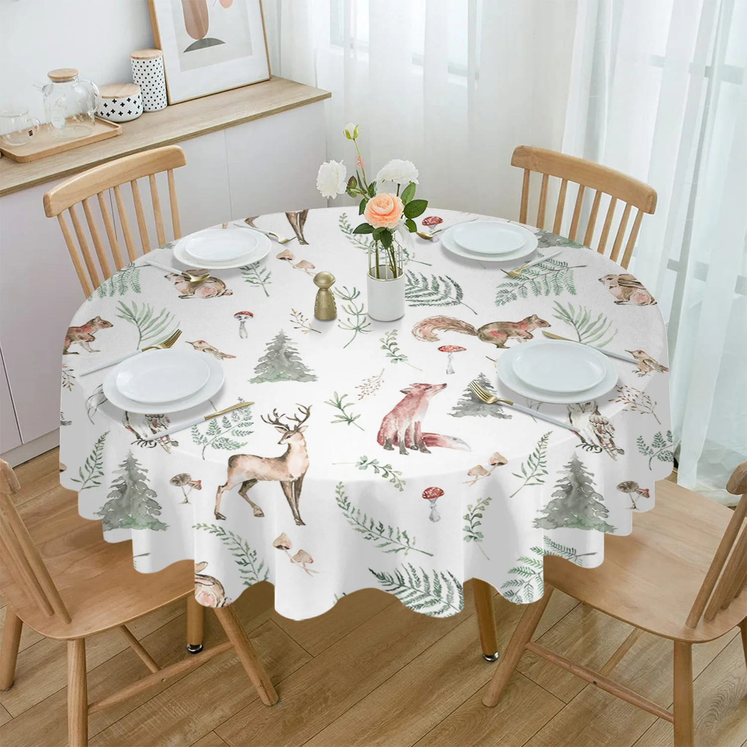 

Winter Christmas Tree Elk Squirrel Leaves Round Tablecloth Waterproof Wedding Decor Table Cover Xmas Home Decorative Tablecloth