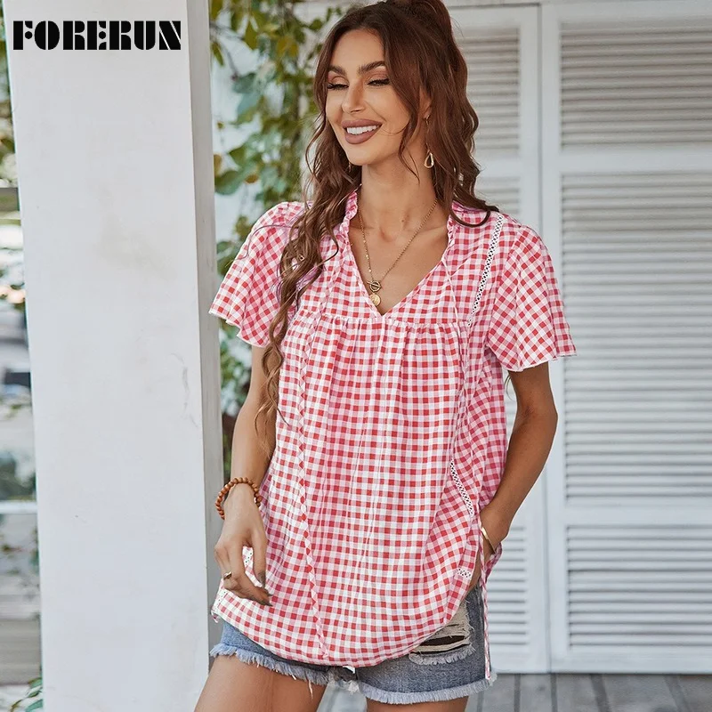 FORERUN Women Blouse Elegant Plaid Lace Patchwork V Neck Short Sleeve Shirts Summer Ladies Tops Blusa De Mujer Dropshipping
FORERUN Women Blouse Elegant Plaid Lace Patchwork V Neck Short Sleeve Shirts Summer Ladies Tops Blusa De Mujer Dropshipping