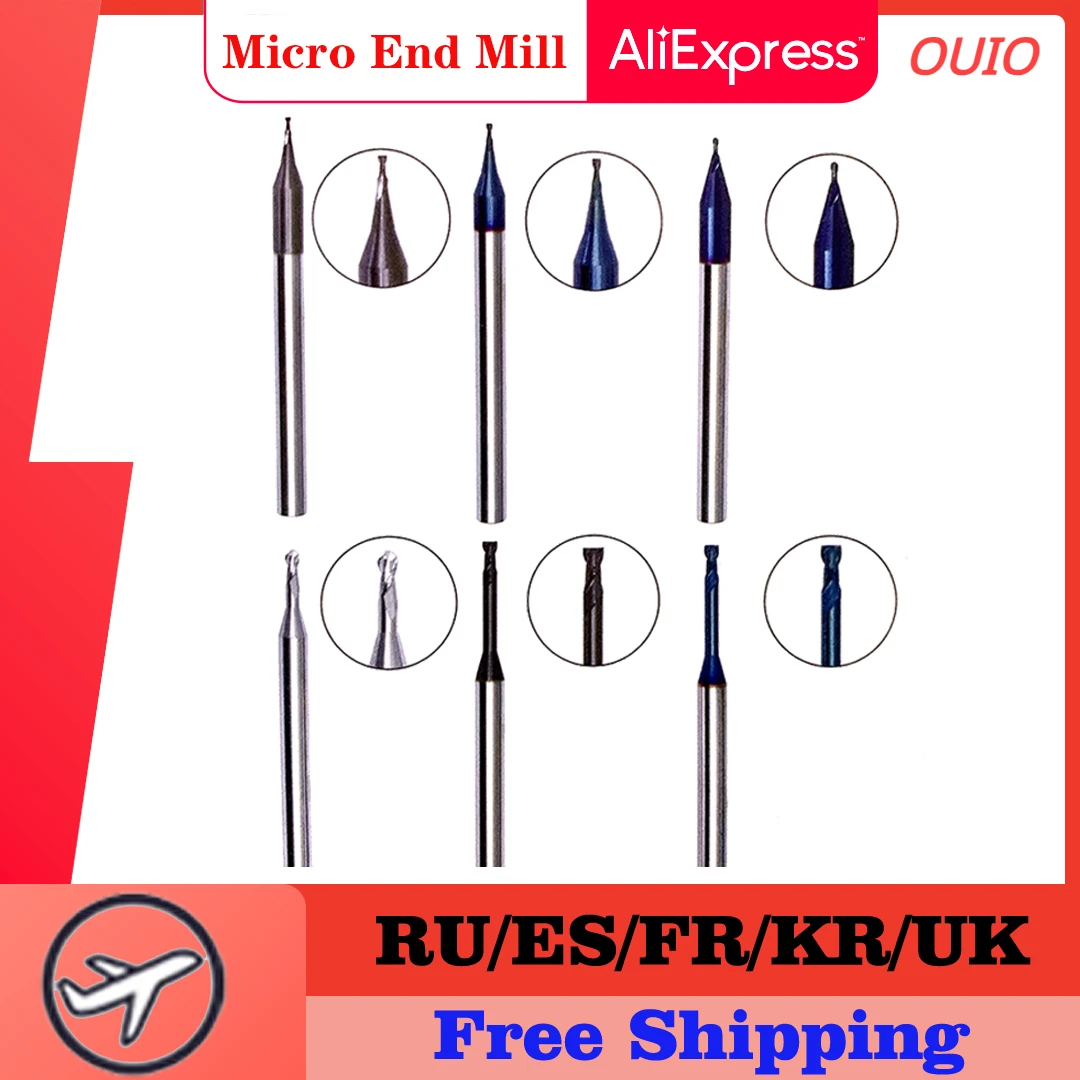 

OUIO Micro Carbide End Mill Rib Processing Cutter CNC Deep Long Neck Small Diameter 0.2 0.3 0.4 0.5 0.6 0.7 0.8 0.9mm Mini Mill