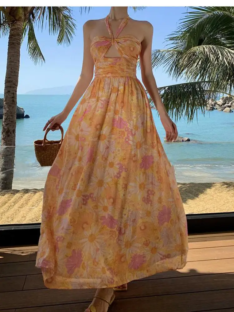 

Vintage Fashion Sexy Club Summer Backless Bow Bandage Halter Dress Women Slim Yellow Print Vacation Birthday Party Dresses Boho