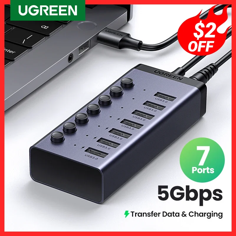 

UGREEN USB C Hub 5Gbps 7 Ports USB3.0 Splitter with Individual OFF/ON Switch LED Indicator for PC Laptop MacBook Pro/Air