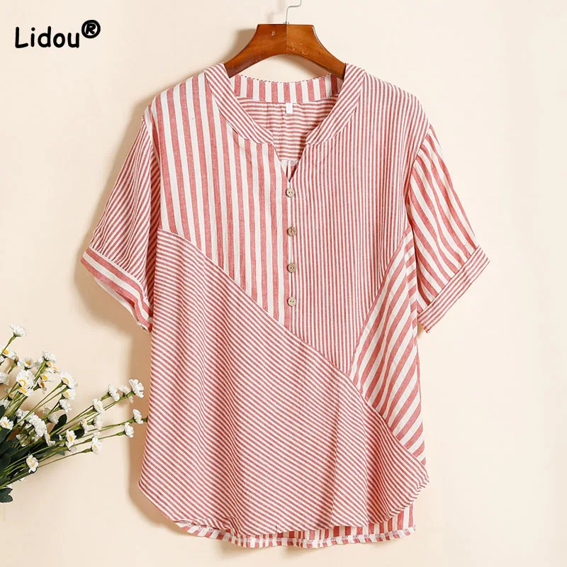 Casual Commute Female Striped Spliced V-Neck T-shirt Summer Women's Clothing Fashion Button Loose Short Sleeve Asymmetrical Tops
Casual Commute Female Striped Spliced V-Neck T-shirt Summer Women's Clothing Fashion Button Loose Short Sleeve Asymmetrical Tops