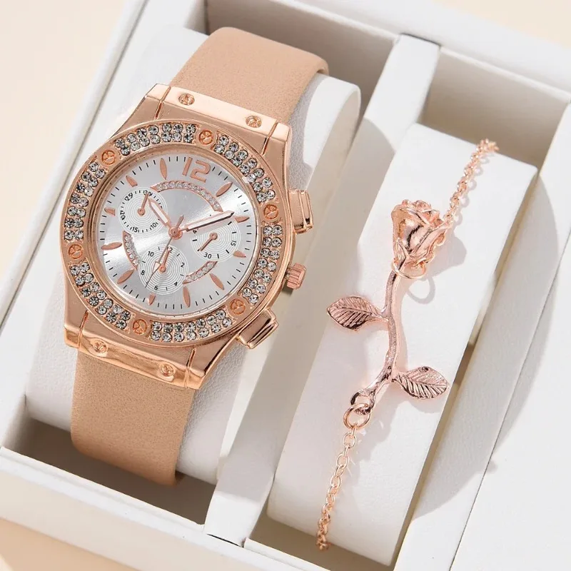 

2PCS Set Women Watch Luxury Fashion Elegant Alloy Wristwatch For Ladies Gift Quartz Watch Rose Gold Bracelet NO BOX