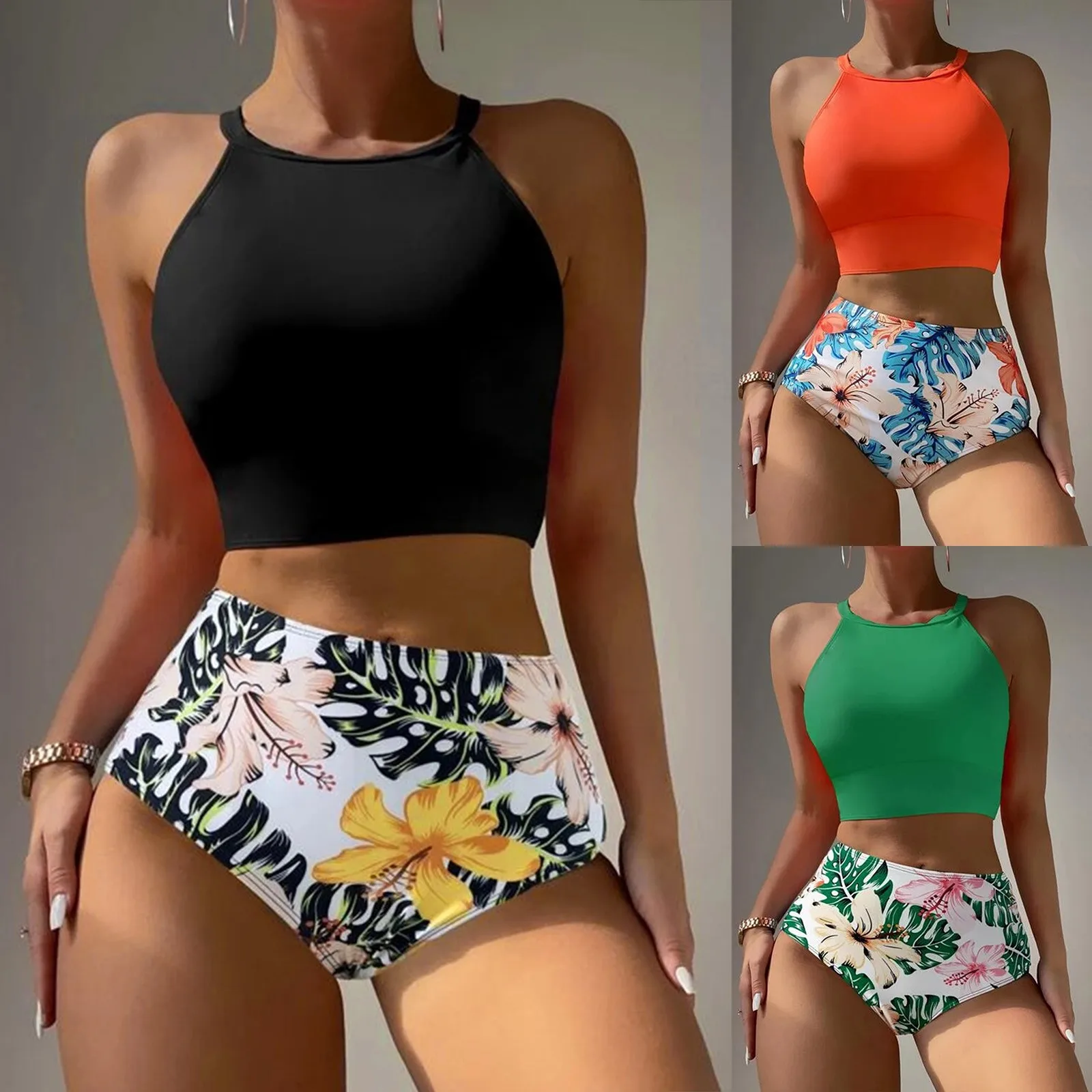 

Women's High Waisted Bikini Sets Two Piece Swimsuit Front Tie Knot Bathing Suit Summer Beach Wear Swimming Hawaii Micro Bikinis