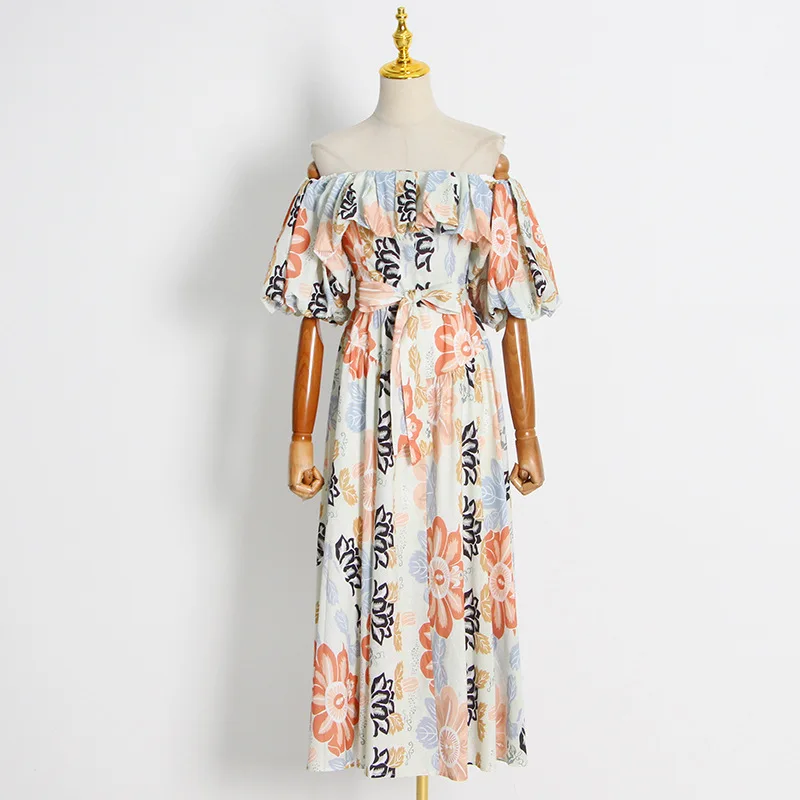2023 Spring and Autumn New Fashion Off Shoulder Short Puff Sleeve Flower Print Sashes Slim Women Dress Female 
2023 Spring and Autumn New Fashion Off Shoulder Short Puff Sleeve Flower Print Sashes Slim Women Dress Female