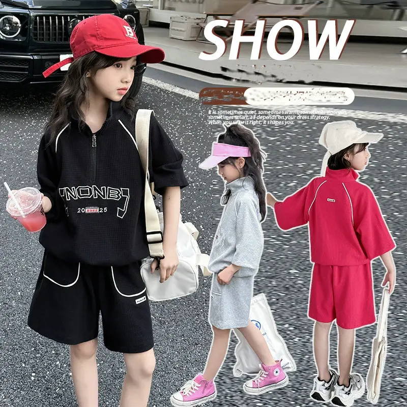 

summer junior girls short set Half zip t-shirt+shorts 2pcs 4-14 teen kids girl sport clothes suit child outfits kinder kleidung
