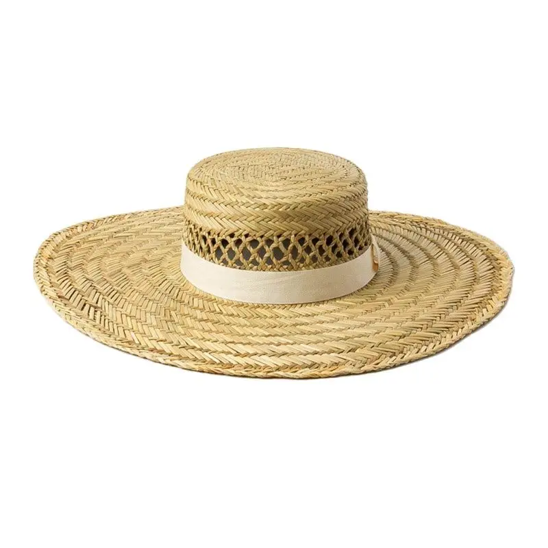 

Women Natural Straw Hat Flat Wide Brim Summer Cap 13cm Big Brim Sun Hat Elegant white Ribbon Band Beach Hat Vocation Derby Hat