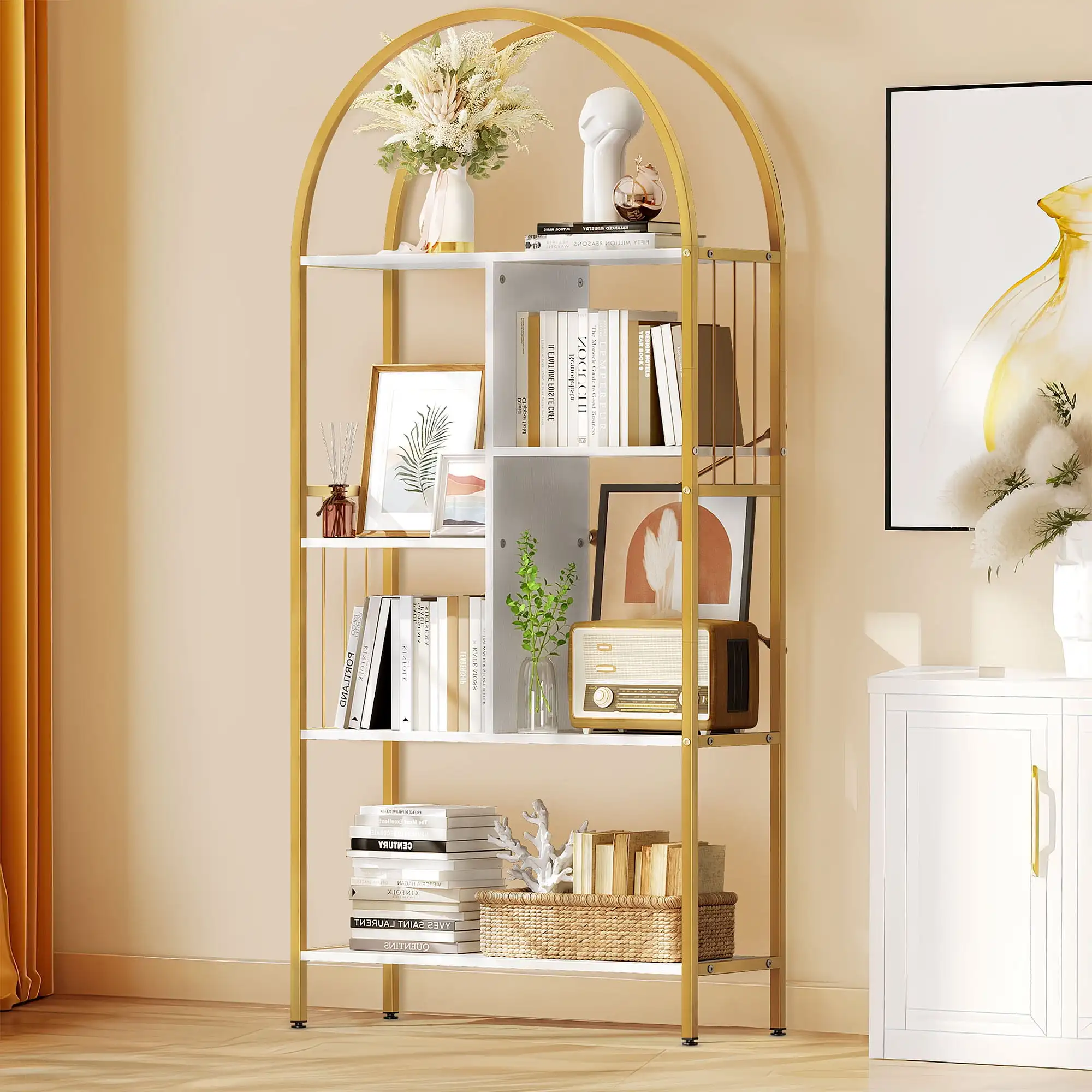 5 Tier Arched Bookshelf and Bookcase, Gold Standing Book Shelf, Mental Frame Storage Display Rack Shelves Organizer for Bedroom
5 Tier Arched Bookshelf and Bookcase, Gold Standing Book Shelf, Mental Frame Storage Display Rack Shelves Organizer for Bedroom