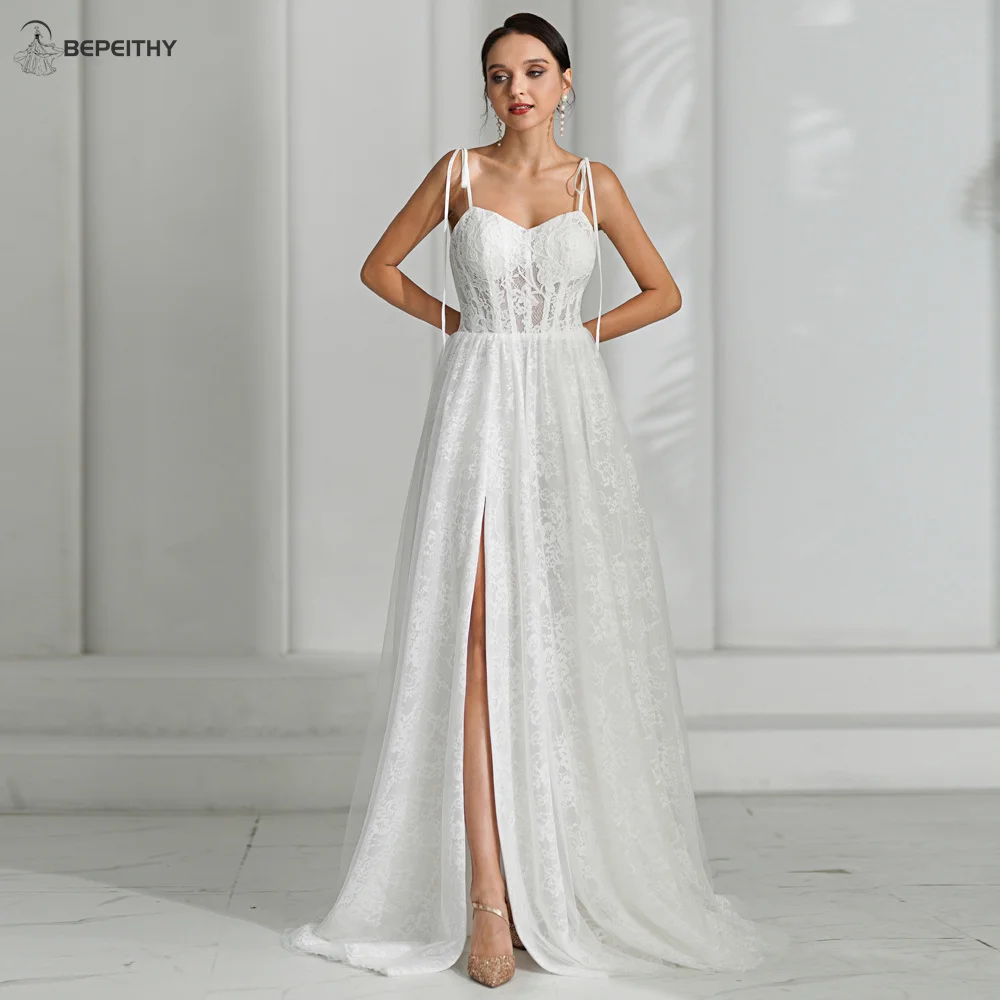 

BEPEITHY Boho Lace Wedding Party Gown For Women 2024 Sleeveless Sexy High Slit Floor Length Bride Ivory Bridal Gown New Arrival