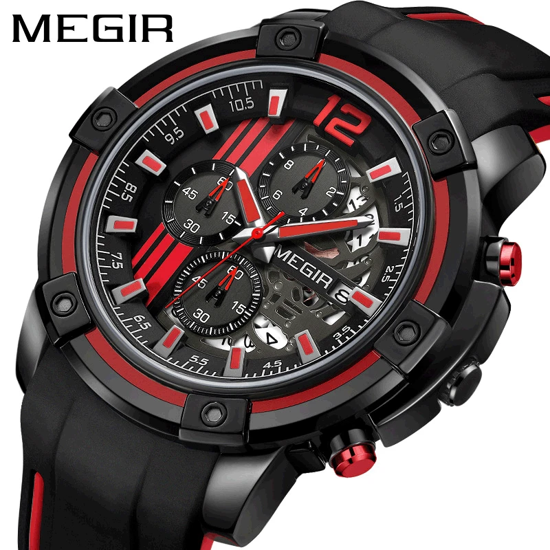 

MEGIR Men's Watch Calendar Chronograph Waterproof Sport Male Clock Silicone Band Military Army Wristwatch Мужские кварцевые часы