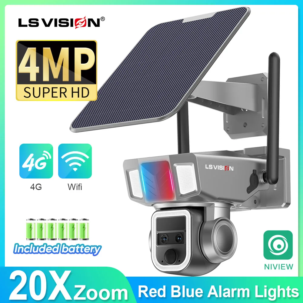 

LS VISION Dual Lens 4G Solar Camera Outdoor 8MP Wifi Wireless Security CCTV 20X Optical Zoom 2K Color Night Vision Two Way Audio
