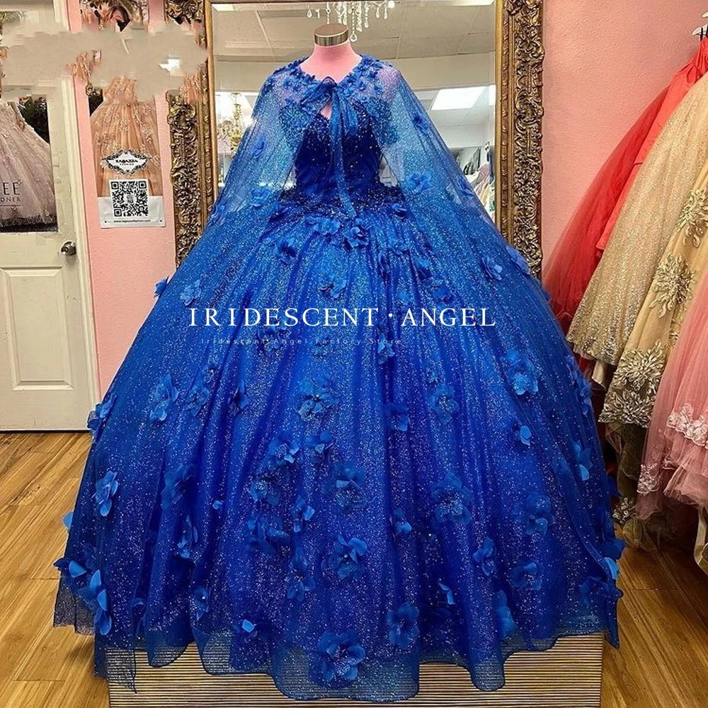 

IRIDESCENT Royal Blue Backless Ball Gown 3D Flowers Quinceanera Dresses With Cape Vestidos De 15 Años Crystal Beading Party Gown