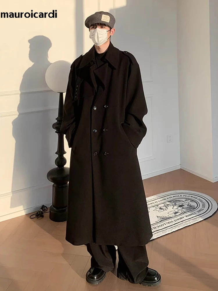 

Mauroicardi Autumn Winter Long Oversized Windproof Black Warm Woolen Coat Men Sashes Double Breasted Wool Blends Overcoat 2023