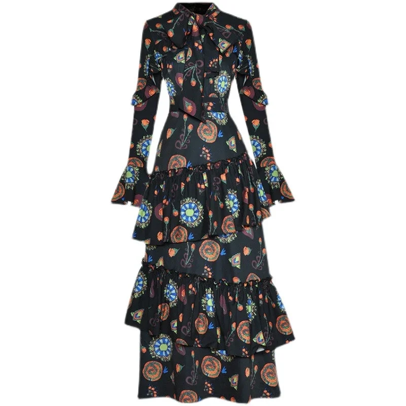 Fashion Designer Autumn Women Bow Collar Flare Sleeve Cascading Ruffle Floral Print Vintage Party Dress
Fashion Designer Autumn Women Bow Collar Flare Sleeve Cascading Ruffle Floral Print Vintage Party Dress