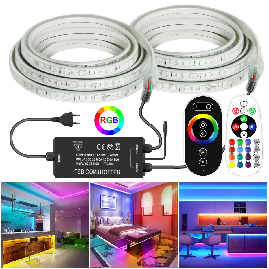 

1-100M LED Strip 220V RGB 4Pin Dimmable Flexible Light Tape IP67 5050SMD IR/RF Touch Remote Control 2500W With EU Plug For Home