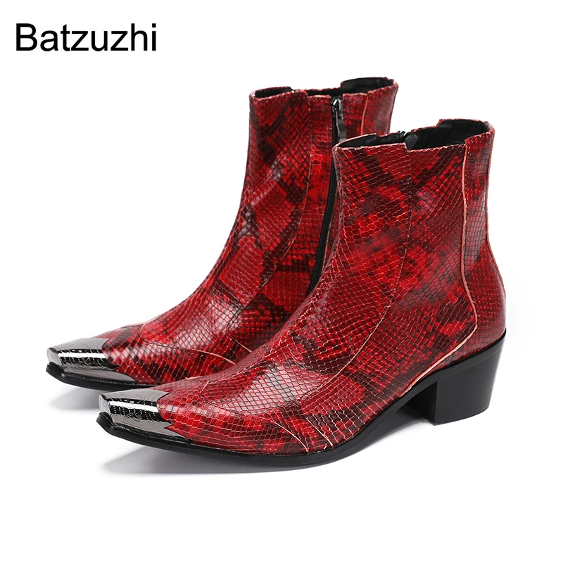 

Batzuzhi 6.5cm High Heels Men Boots Pointed Iron Toe Red Genuine Leather Ankle Boots Zip Fashion Knight, Party Boots for Man