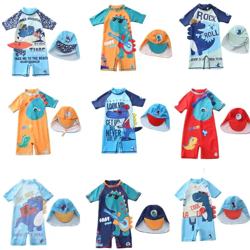 

HappyFlute Boy Short Sleeve One Piece With Swimming Cap Cute Baby Dinosaur Print Seaside Sun Protection Swimsuit