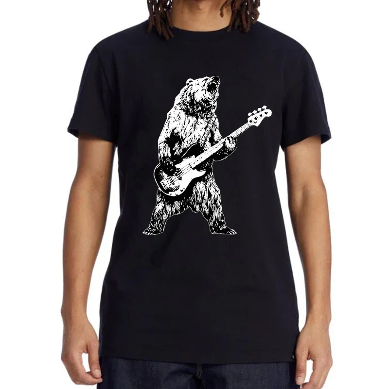 

XIN YI Men's High Quality T-shirt 100% Cotton Funny Bear Playing Guitar Design Print Loose Short Sleeve Male T-shirt Tops Tees