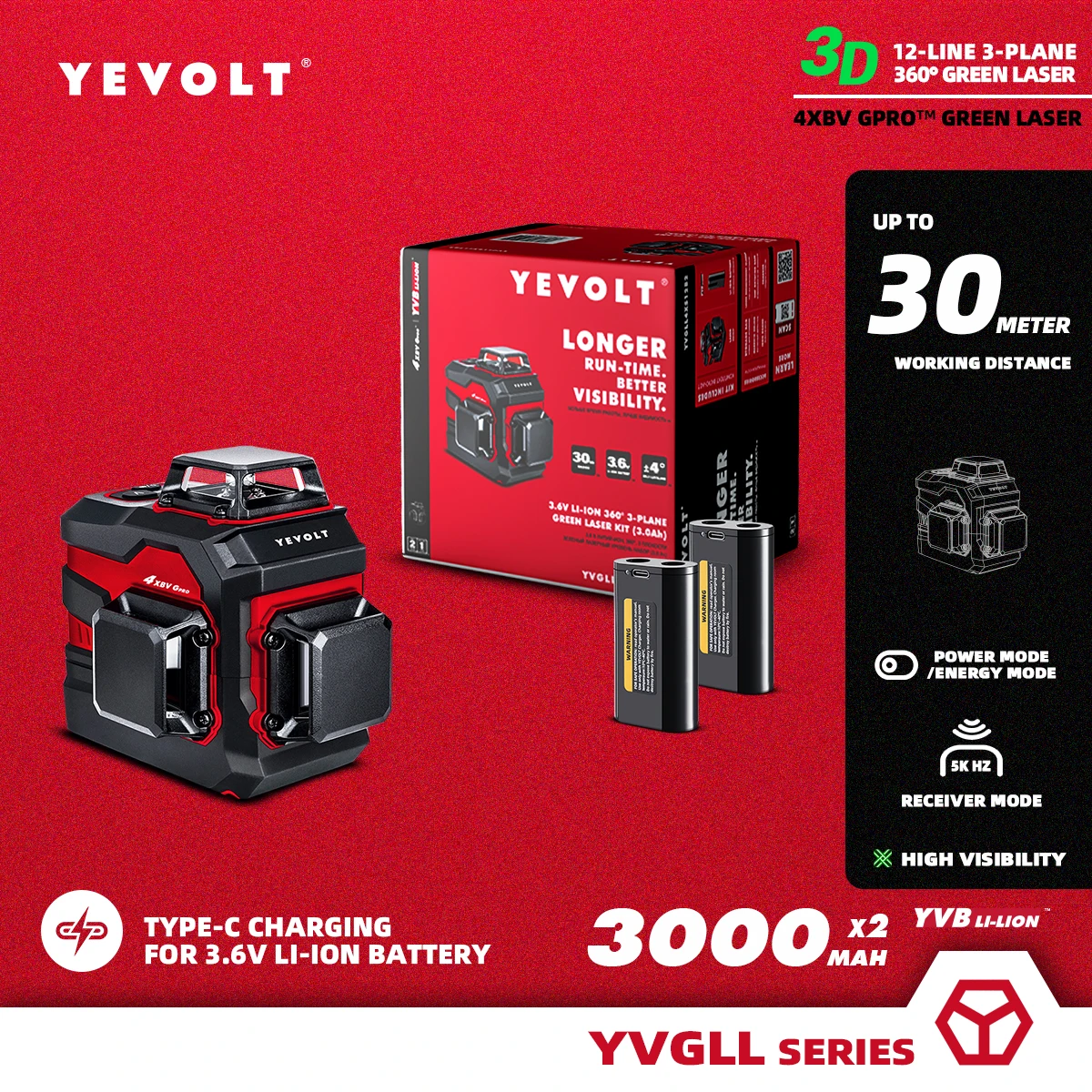 YEVOLT YVGLL4XS12DP 12-Line 360° 3-PLANE Green Laser Level Kit - two 3000mAh Batteries for Extended Use 3D Self-Leveling Tools
YEVOLT YVGLL4XS12DP 12-Line 360° 3-PLANE Green Laser Level Kit - two 3000mAh Batteries for Extended Use 3D Self-Leveling Tools