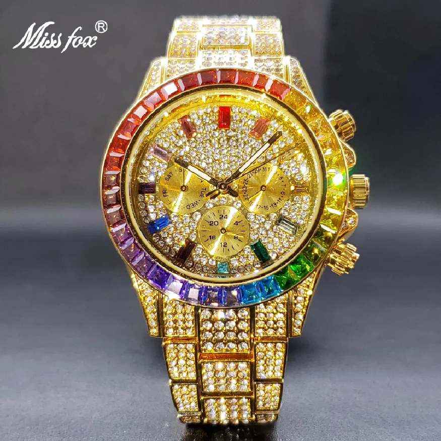 Gold Watch For Men New Rainbow Baugette Classic Stylish Quartz Wristwatches With Calendar Moissanite Timepiece Dropshipping
Gold Watch For Men New Rainbow Baugette Classic Stylish Quartz Wristwatches With Calendar Moissanite Timepiece Dropshipping