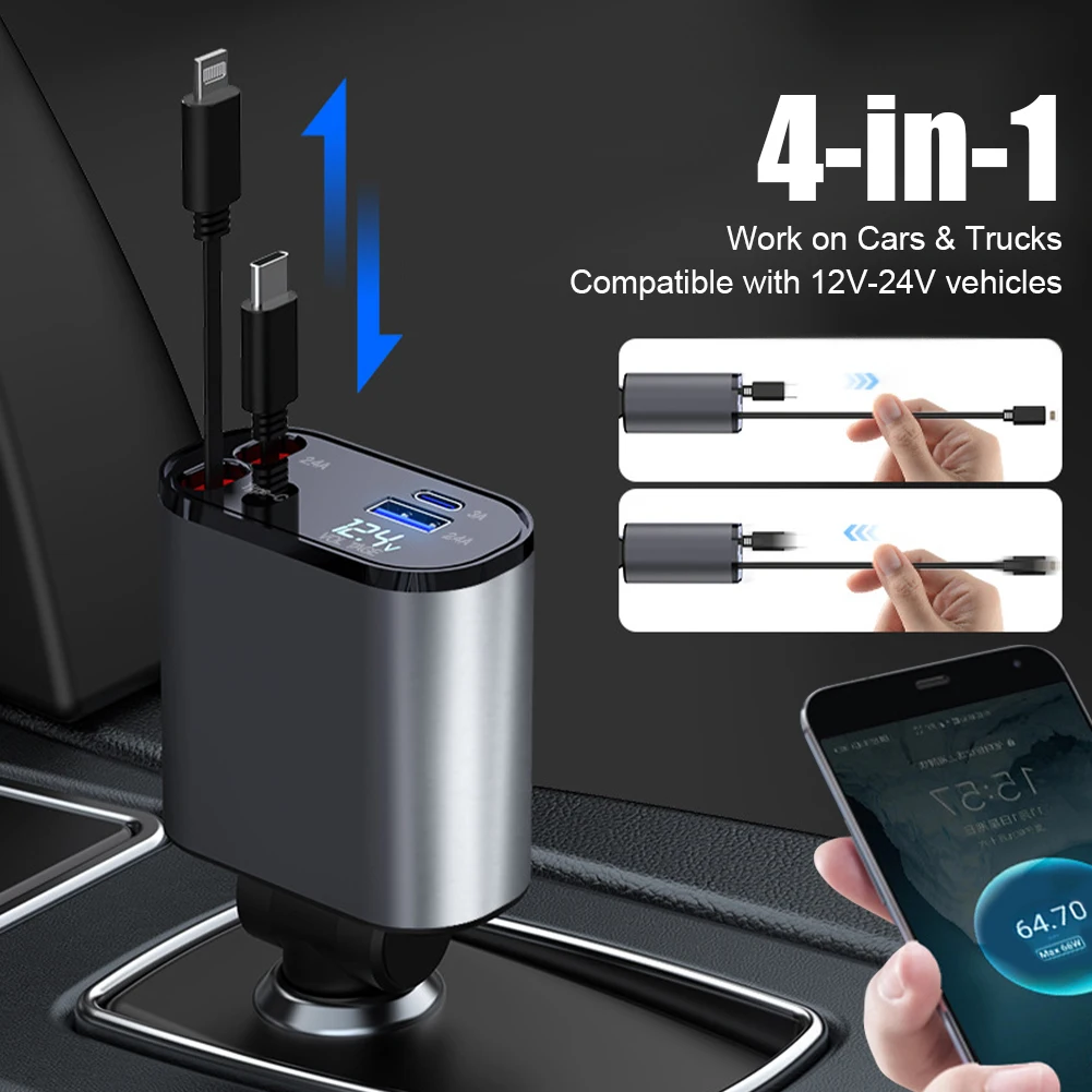 100W 4 IN 1 Car Charger Adapter Car Cigarette Lighter Adapter With USB TypC Cable For IPhone Huawei Samsung Phone Quick Charger
100W 4 IN 1 Car Charger Adapter Car Cigarette Lighter Adapter With USB TypC Cable For IPhone Huawei Samsung Phone Quick Charger