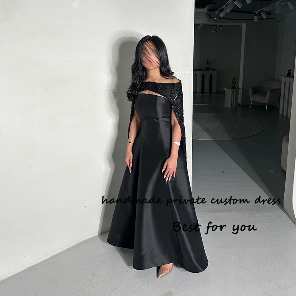Black Satin Evening Dresses for Women Arabic Dubai Formal Prom Dress with Cape Luxury Occasion Event Gowns 2024 
Black Satin Evening Dresses for Women Arabic Dubai Formal Prom Dress with Cape Luxury Occasion Event Gowns 2024