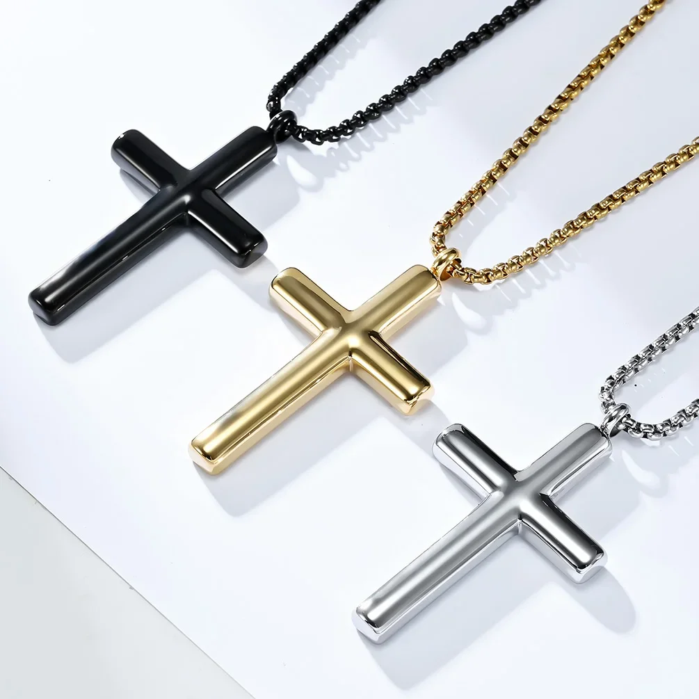 

JHSL Men Cross Pendants Statement Necklace Fashion Christian Jewelry Chain Stainless Steel Black Gold Silver Color Smooth Finish