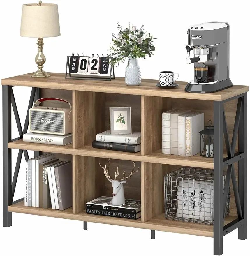 

FATORRI 6 Cube Storage Organizer with Shelf, Long Wood and Metal Cubby Bookcase, Industrial Horizontal Bookshelf (Rustic Oak