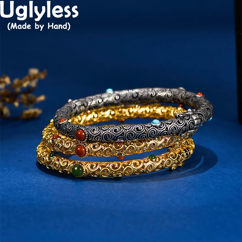 

Uglyless Exotic Hollow Bangles for Women MINI Natural Gemstones Agate Jasper Turquoise Bangles Ethnic 925 Silver Bracelets Retro