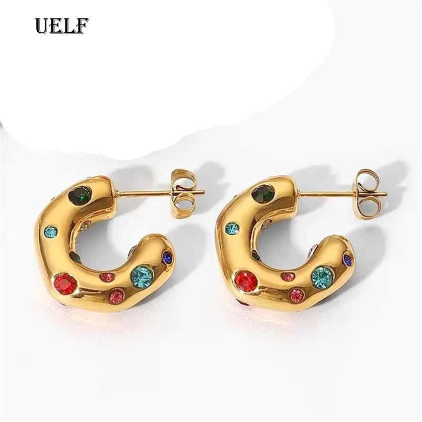 

Женские серьги-кольца с кристаллами UELF, золотистые и Серебристые маленькие серьги-кольца, радужные серьги, оптовая продажа ювелирных изделий