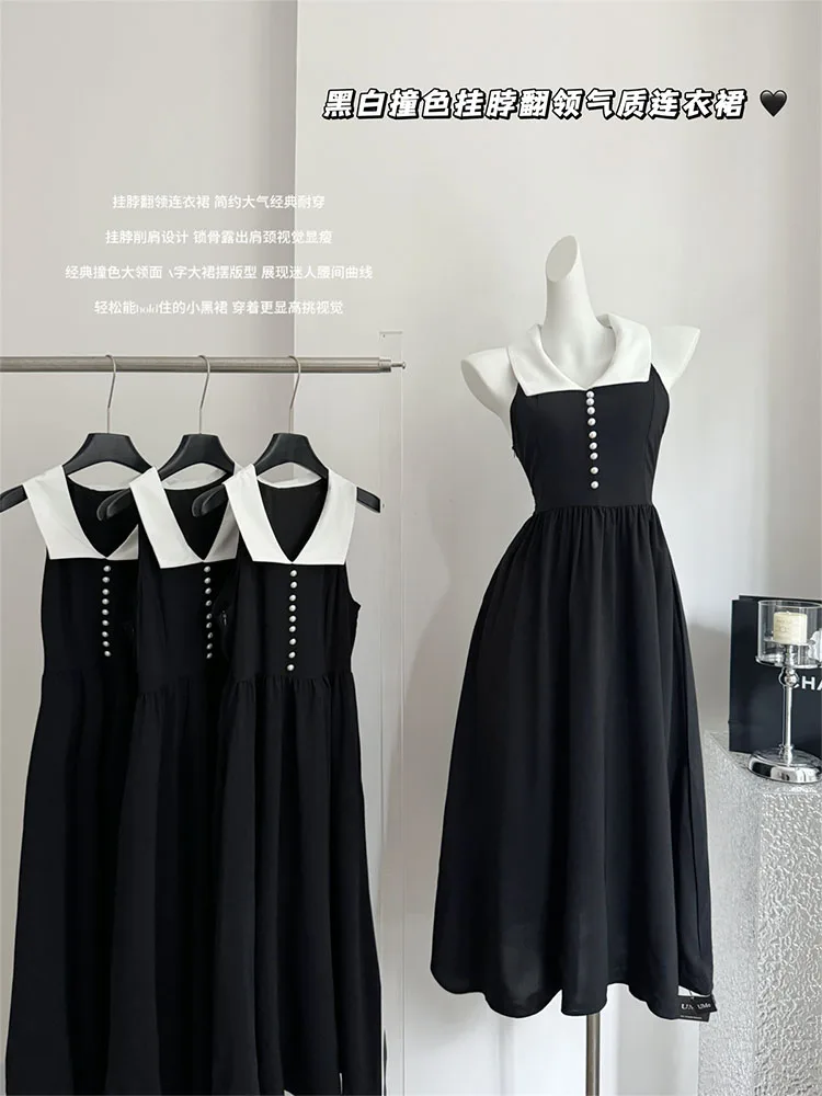 American Style Design Turn-down Collar Button Sleeveless A-line Dress Summer Women Fashion Black Slim Halter One-Piece Frocks
American Style Design Turn-down Collar Button Sleeveless A-line Dress Summer Women Fashion Black Slim Halter One-Piece Frocks