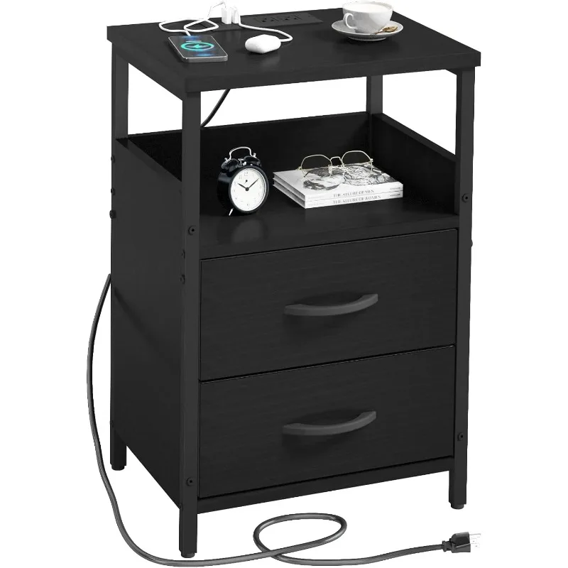 

KHLJJU End Table with Charging Station, Nightstand with Fabric Drawer, Small Side Table for Small Spaces, Black Bedside Tables