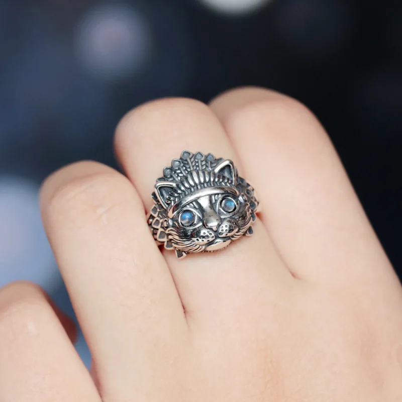 

PANJBJ 925 Sterling Silve Cat Leaves Ring for Women Girl Gift Moonlight Stone Retro Originality Punk Jewelry Dropshipping