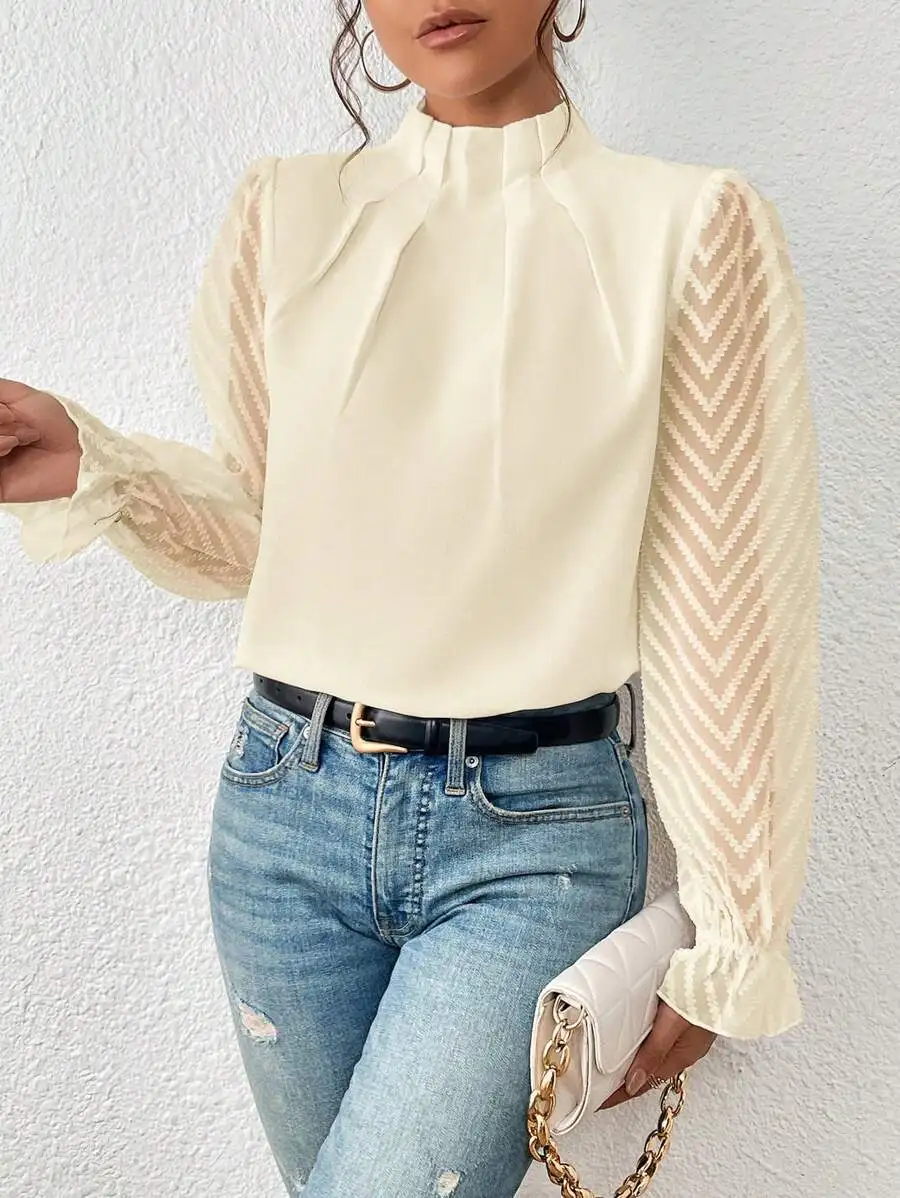 

Блузка женская кружевная с длинным рукавом, элегантный офисный топ с прострочкой, ажурная белая рубашка с оборками, весна-осень