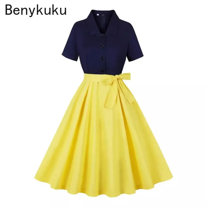 

Yellow and Navy Two Tone 50s Rockabilly Vintage Dress Summer Clothes Women 2024 Notched Collar Button Up Belted Formal Dresses