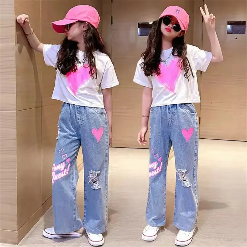 

2024 Teenage Girls Clothes Sets Summer Children Short Sleeve T-shirts + Wide Leg Jeans 2PCS Kids Clothing 6 8 10 12 14 Years