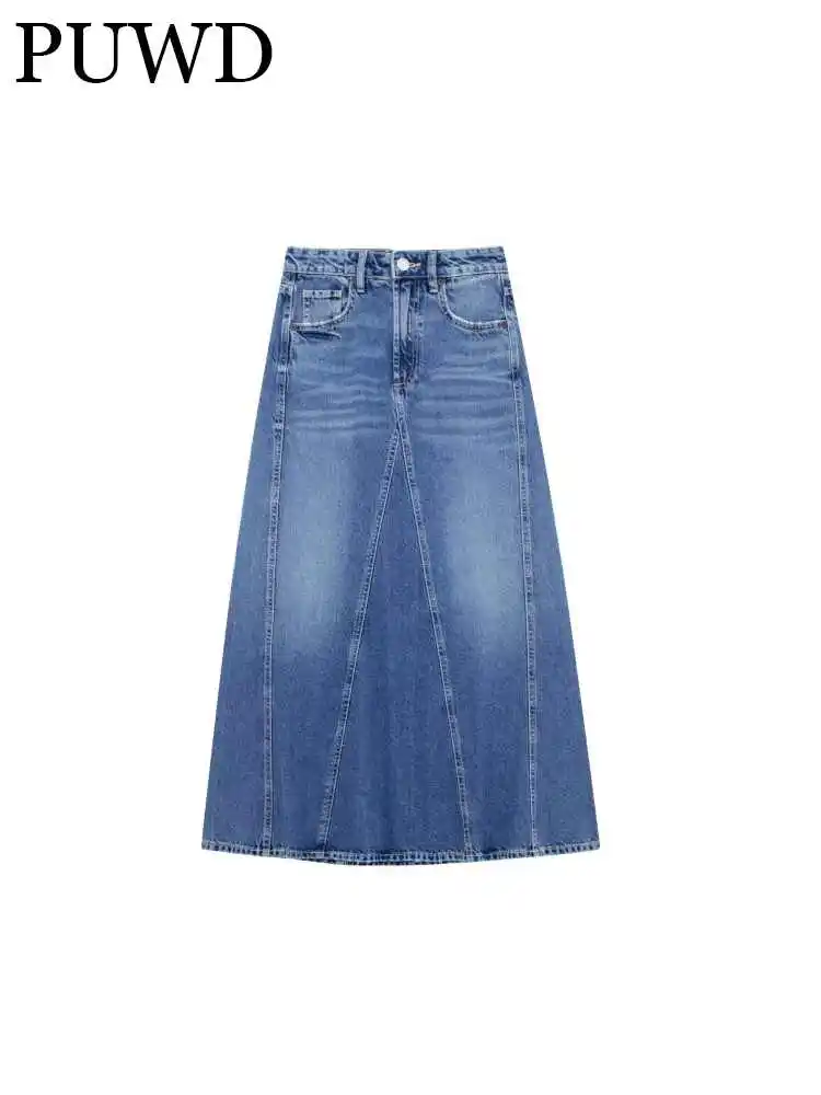 

PUWD Women Fashion Navy Denim Loose Tooling Skirts 2023 Summer Vintage High Waist Pocket Folds Female Bottoms Mujer