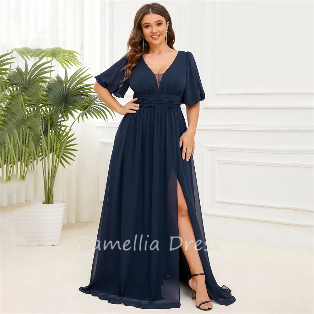 

Simple A Line Evening Dresses V Neck Prom Dresses Front Slit Chiffon Formal Dresses Vestidos De Fiesta فساتين السهرة Plus Size