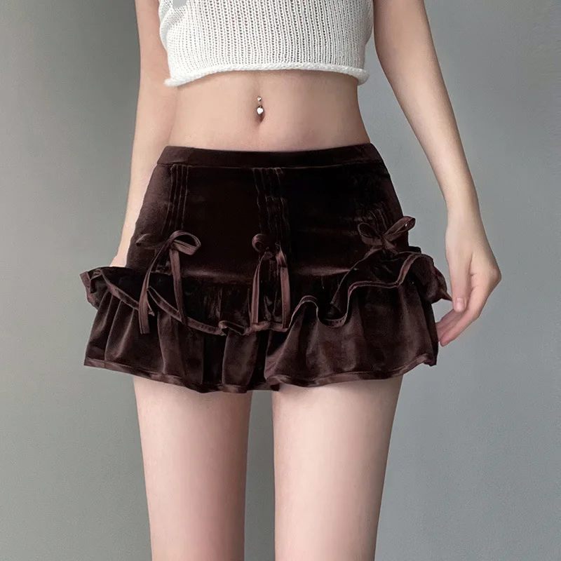 

TARUXY Bandage Splice Folds Skirt For Women Lovely Bow High Waist Ruffle Skirts Ladies 2024 New Street Sexy Casual Skirt Femme