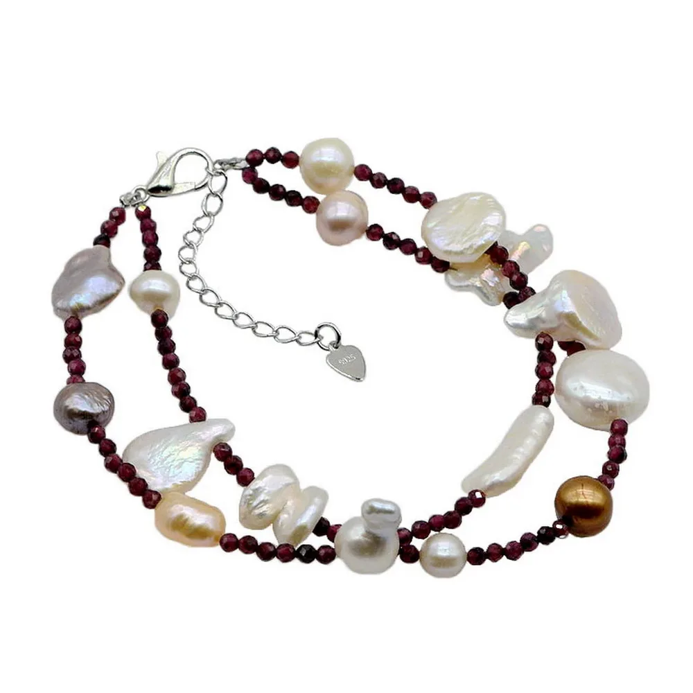 

Multilayer Bracelet Natural Garnet Handmade Jewelry Adjustable Women's Bracelet Baroque Pearl Design Bracelet Free Shipping