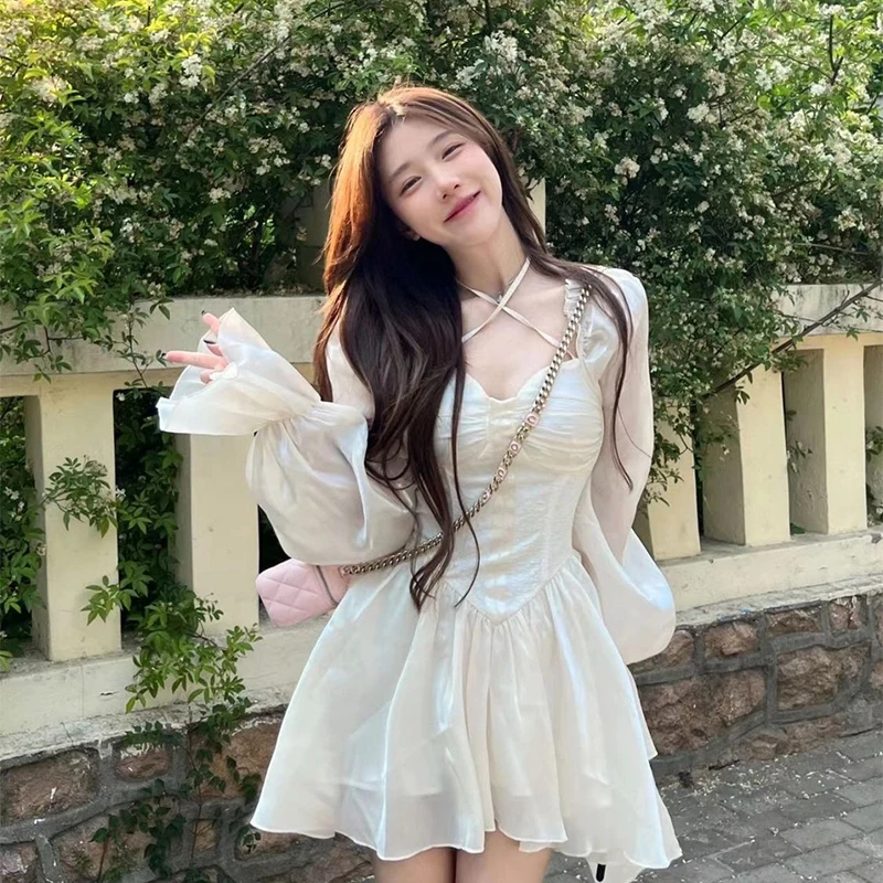 

French Vintage Women's dress New Spring Summer Fashion Off Shoulder White Sexy Dresses Party Outfits for Women Bandage Dress