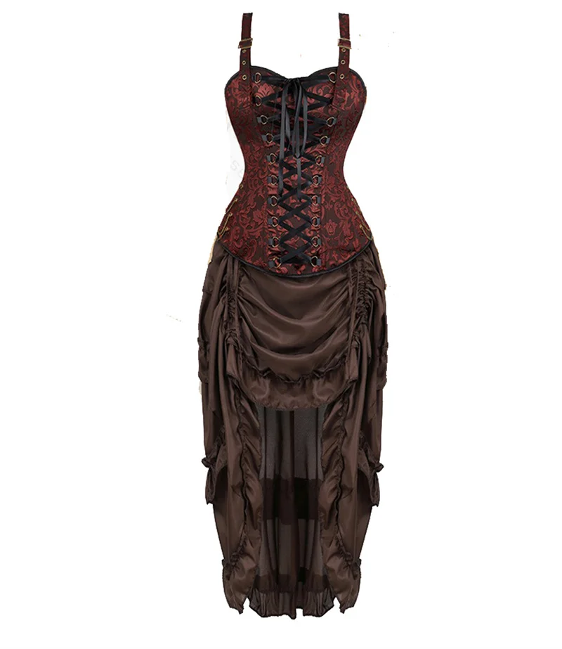 

Sapubonva Brown Corset Dress Set Plus Size Sexy Overbust Bustier Top Skirt Pirate Costume Steampunk Victorian Burlesque Gothic