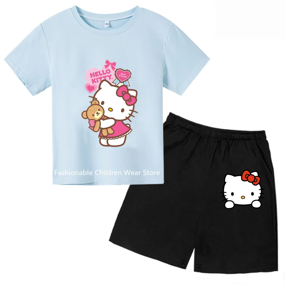

Детский хлопковый комплект Hello Kitty, Модный комплект из 2 предметов с коротким рукавом, удобный для занятий спортом на открытом воздухе, 2024