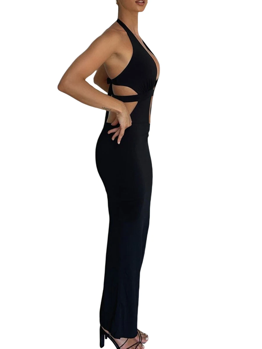 

Women Sexy Backless Bodycon Maxi Dress Sleeveless Cutout Halter Plunge Neck Dress Long Party Cocktail Dresses