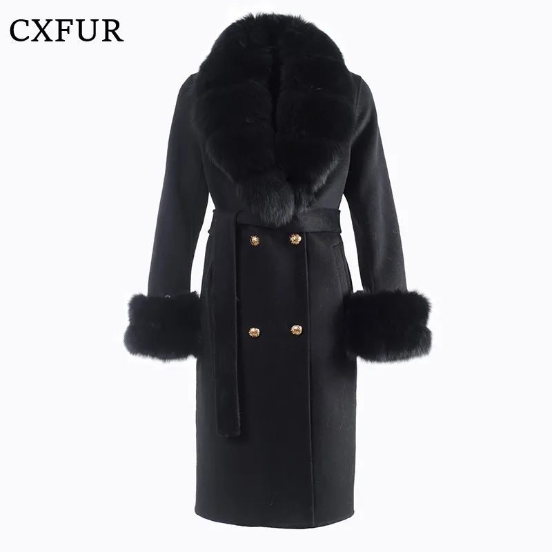 

Ladies Elegant Outwear Double-faced Woolen Belt Coat with Real Fox Fur Collar Cuffs CX-G-T-68D